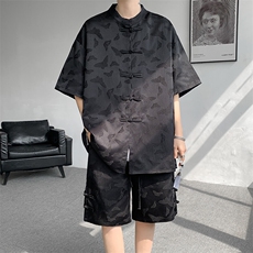 新中式轻国风套装男夏季冰丝薄款2025国潮提花盘扣衬衫短裤两件套，男装休闲套装，电商D232