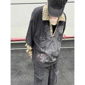 大码坑条v领长袖打底针织衫女秋冬新款胖mm别致褶皱修身显瘦上衣图片