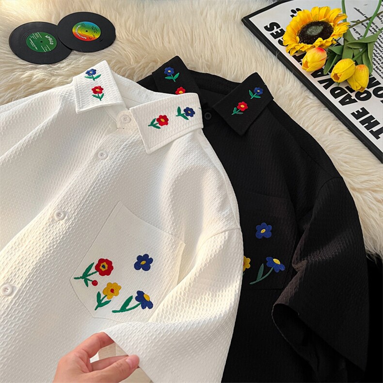 大码绣花短袖衬衫男夏季潮牌美式复古宽松痞帅情侣五分袖上衣外套图片
