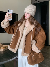 2025年冬季冬麂皮绒毛短外套加绒加厚冬新款仿皮毛一体，女装羊羔毛/颗粒绒，欣美人