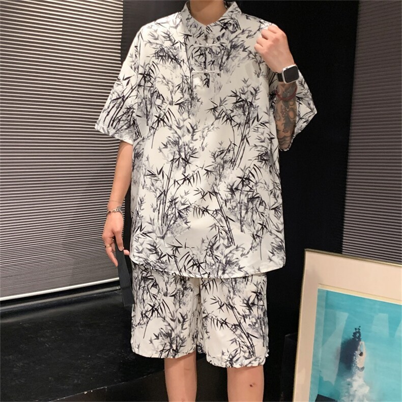 量大优供视频新风竹叶印花冰丝短袖短裤套装男TZ2403-特P50,男装休闲套装,电商A028