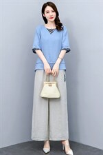 时尚绣花苎麻阔腿裤套装女2024年夏季休闲宽松高端妈妈棉麻两件套，女装套装/套裙，凝聚力