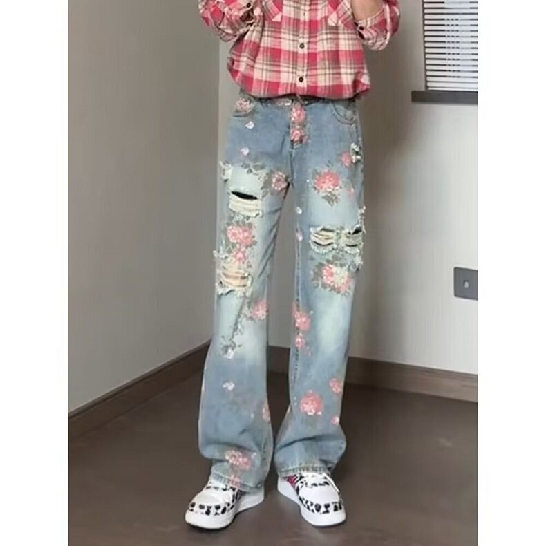满印玫瑰花朵牛仔裤男款春季裤子慵懒风松弛感阔腿微喇裤NL6620,男装牛仔裤,星座1116A（原606A-3）