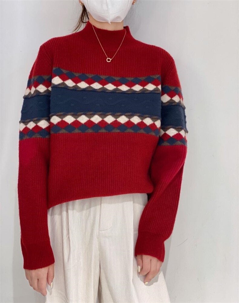 菱形拼色毛衣，女装针织衫/毛衣，驿谷