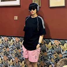 得物抖音品质二开240克重磅宽松纯棉美式高街半杠织带短袖T恤，男装T恤，电商A486-1