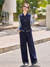 2026年老钱风春季假两件撞色牛仔显瘦阔腿裤套装，女装套装/套裙，E百度