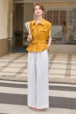 时尚通勤职场棉麻套装女2025年夏系带衬衫上衣+显瘦阔腿裤两件套，女装套装/套裙，艾仟回(原伊仟回)