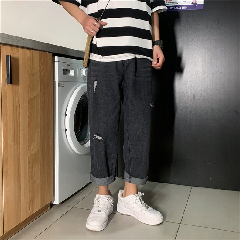 破洞牛仔裤学院风情侣休闲裤显瘦裤子潮宽松牛仔裤男直筒阔腿,男装牛仔裤,星座302B