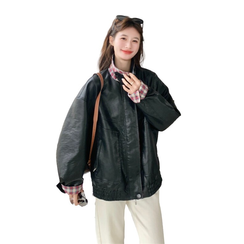 美式复古机车女孩皮衣女2026新款春季翻领宽松高级格纹撞色外套,女装皮衣,艾米莉亚