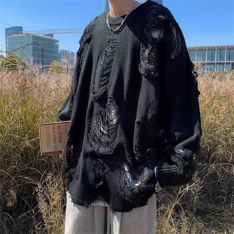 破洞假两件美式针织衫秋冬男女重工慵懒风外套毛衣潮牌M9221-p58图片