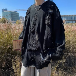 破洞假两件美式针织衫秋冬男女重工慵懒风外套毛衣潮牌M9221-p58图片