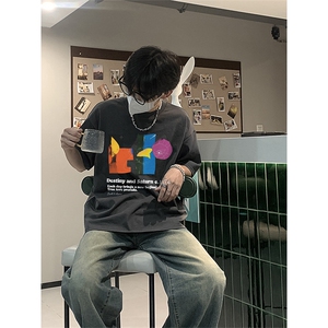 已做版权 拼贴画设计感宽松落肩艺术风短袖纯棉高级感t恤 T90-P28图片