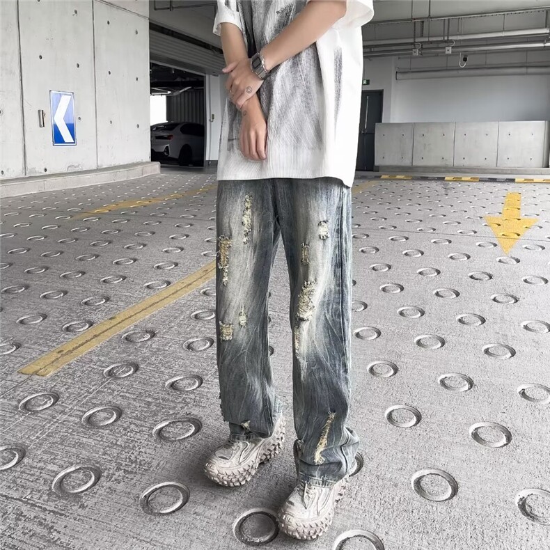 复古美式乞丐破洞牛仔裤男女同款夏秋季薄款宽松微喇耐磨NK36/P52,男装牛仔裤,星座506