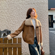 韩版时尚机车风皮毛一体外套女2025冬季新款显瘦加厚加绒棉服棉袄，女装短外套，纯色衣恋