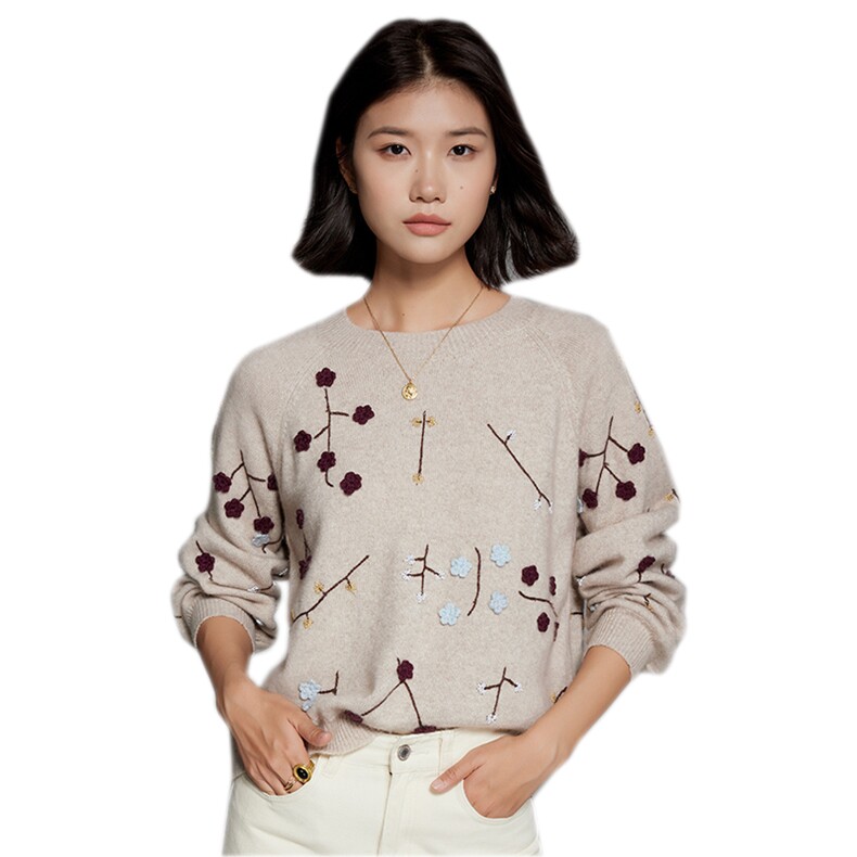 35%羊绒衫秋冬季新款舒适时尚百搭女式绣花套头,女装羊绒衫,隆秋羊绒