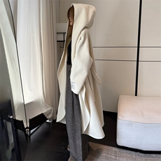 高端连帽系带羊驼绒羊毛大衣女2025秋冬长款女宽松慵懒双面呢外套，女装双面呢大衣，蒙绒特