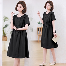 2024年夏季圆领双排款抽腰休闲宽松连衣裙，女装连衣裙，文熹诺