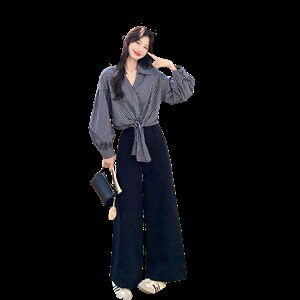 春款现货  韩式不规则格子衬衫阔腿裤套装2109 P175 K288图片