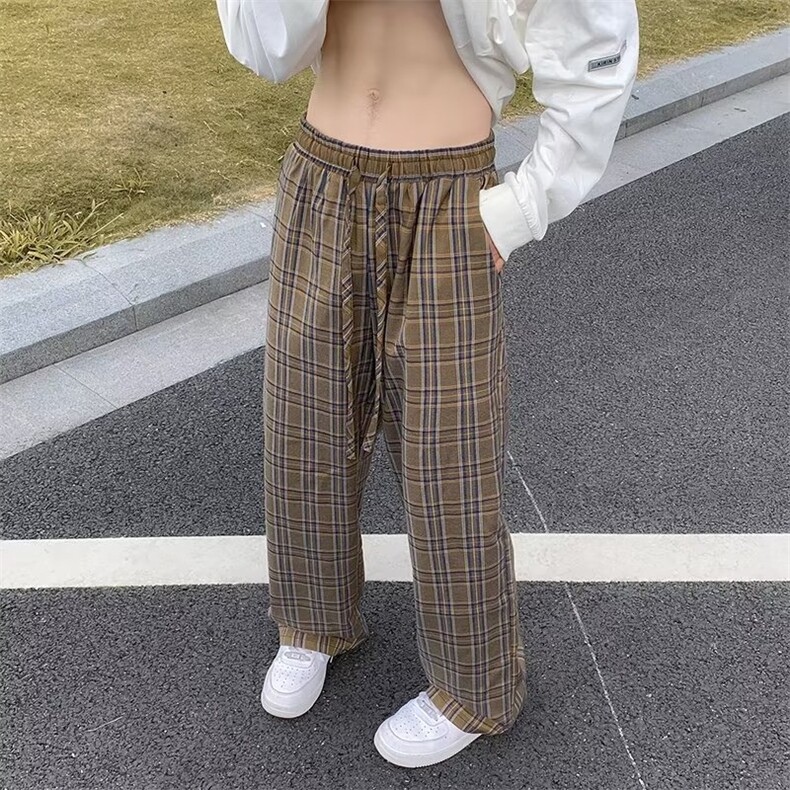 潮牌格子休闲裤男女宽松直筒裤潮流复古阔腿裤高级感裤子k471-p30,男装休闲裤,星座1008
