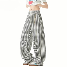小众设计感星星挂饰裤子夏季蓝色格子直筒裤女垂感慵懒休闲阔腿裤，男装休闲裤，星座218-1（原230）