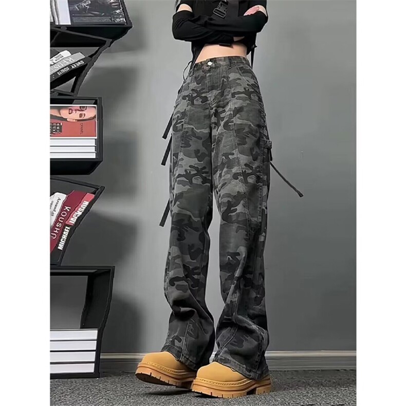 抖音得物美式复古迷彩微喇工装裤男款vibe高街裤子修身牛仔裤AK11,男装牛仔裤,电商A443