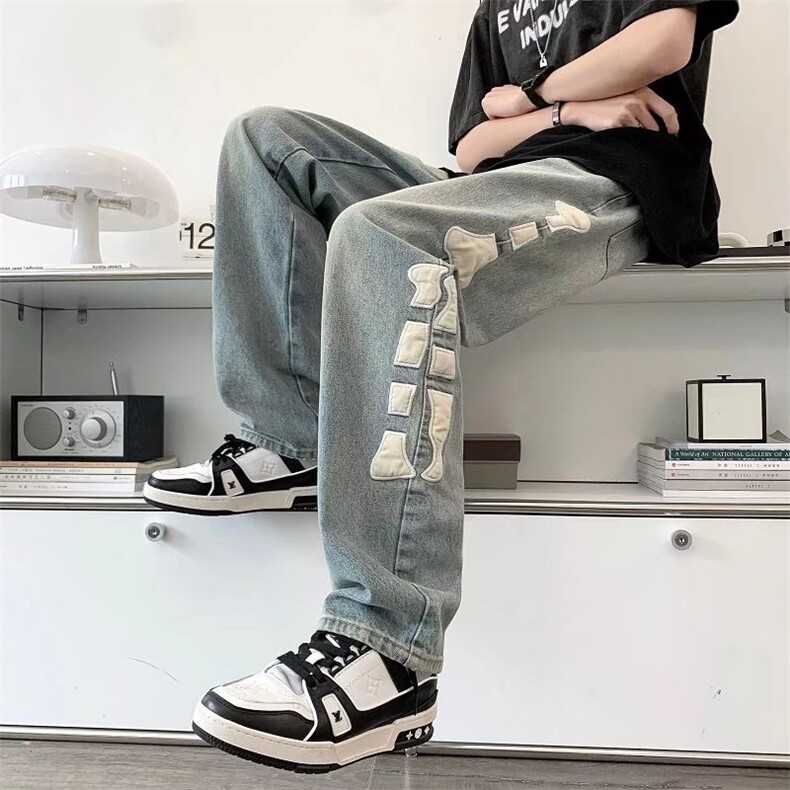 欧美牛仔裤男潮牌ins长裤韩版潮流宽松阔腿裤港风老爹裤N0918-P49图片
