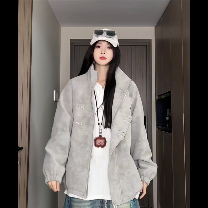 J509-P75设计感金属飞机扣扎染皮革夹克男女2025秋季宽松美式,男装夹克,电商B323A