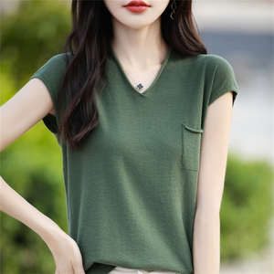 卷边V领100%纯棉针织短袖T恤女夏季薄款纯色带兜上衣宽松半袖打底图片