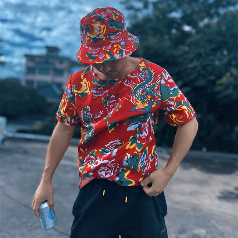 HT203夏男休闲东北大花民族风牡丹花圆领短袖T恤青少年大码男女潮，男装T恤，星座115A-2