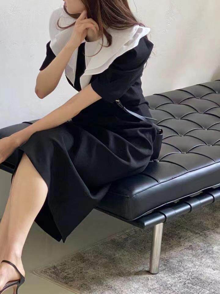 【DAVIDA】法式优雅拼色大翻领连衣裙，女装连衣裙，DAVIDA