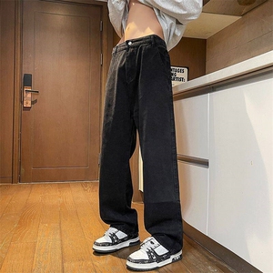 港风高街大码宽松直筒休闲潮流百搭半松紧男女牛仔裤H041-p42主推图片
