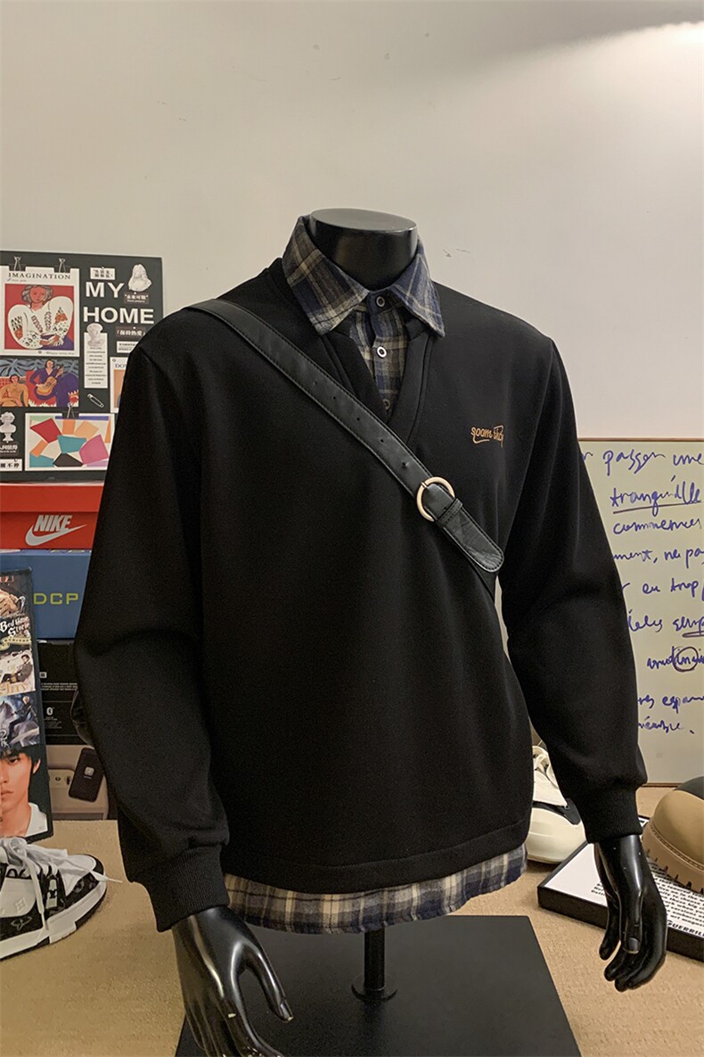 假两件卫衣男秋冬拼接衬衫领学院风上衣外套WY3658-特P38加绒P40,男装衬衫,电商B295