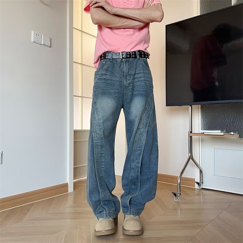 水洗做旧解构设计感牛仔裤男夏季痞帅宽松直筒阔腿弯刀裤1577P55，男装牛仔裤，星座410-2