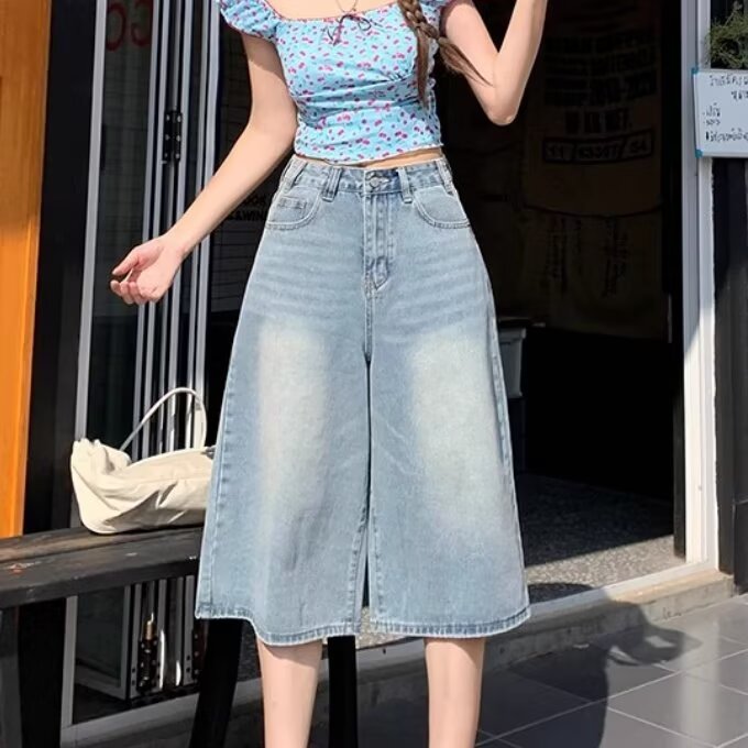 氧汐浅蓝色宽松直筒七分牛仔裤女春夏2025新款高腰显瘦过膝阔腿裤,男装牛仔裤,星座1210-1