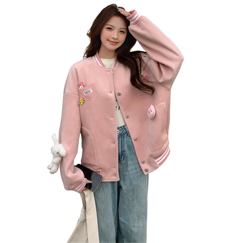 雪景甜美粉色毛呢棒球服（玩偶可拆卸）,女装毛呢外套,天使之佳话