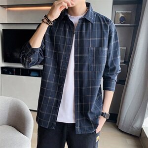 男士高级感衬衫春秋胖子大码宽松上衣服长袖内搭衬衣格子休闲外套图片