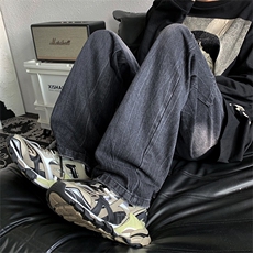 牛仔裤男宽松直筒长裤秋冬潮牌重磅美式高街阔腿拖地裤K5554-P45，男装牛仔裤，星座512-2