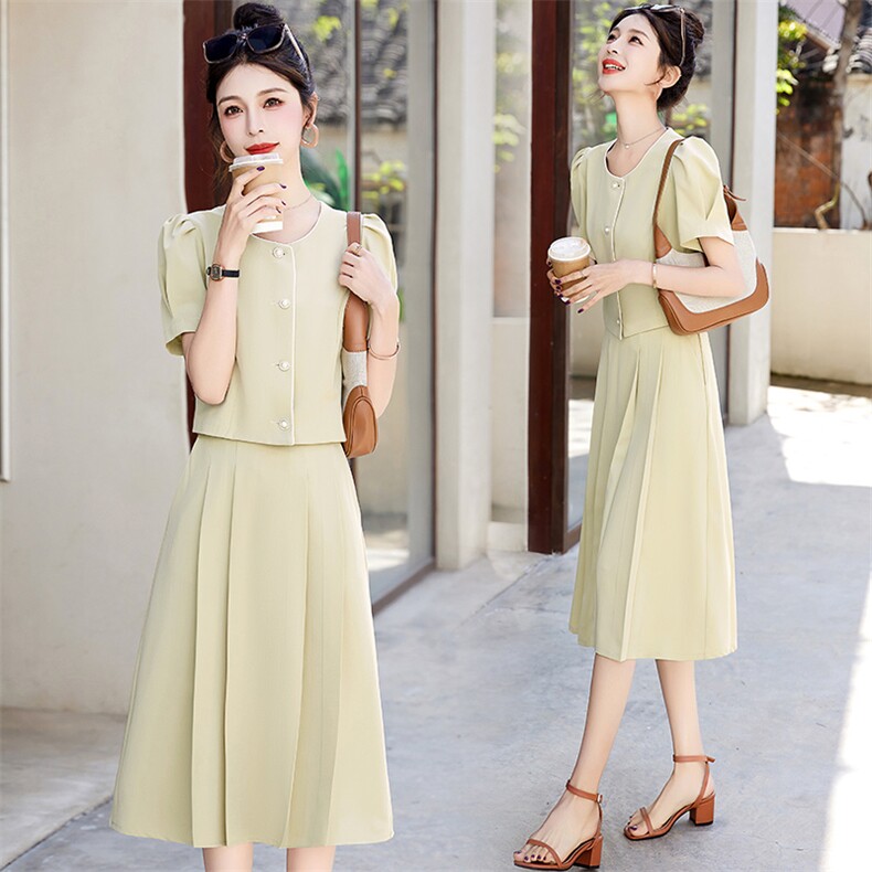 2023夏装新款时尚气质简约优雅时尚圆领两件套套装套裙，女装套装/套裙，芭米依尚