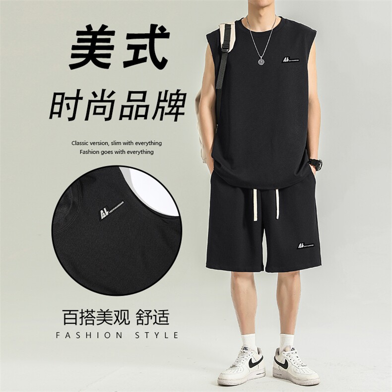 夏季背心薄款套装速干健身坎肩跑步宽松短裤砍袖TZ81-特批-68图片