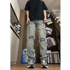 破洞乞丐裤设计感裂纹宽松直筒牛仔裤男潮8212P45，男装牛仔裤，星座410-2