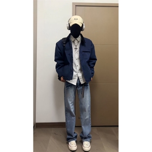 藏青色cleanfit底特律夹克外套男款春秋季美式复古短款潮牌棒球服图片