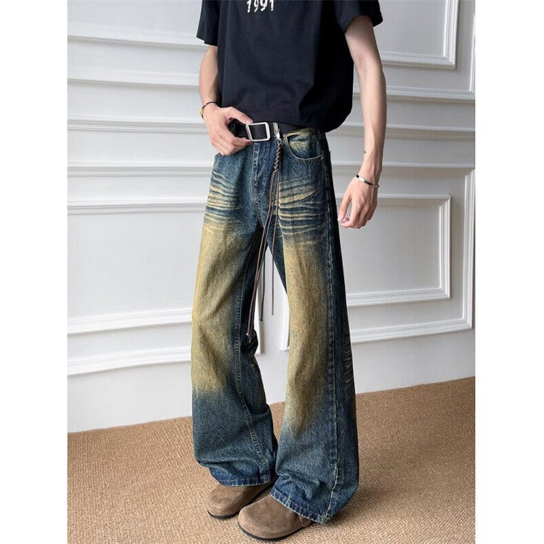 高街vibe做旧黄泥染水洗牛仔裤男潮ins直筒微喇裤子N5520，男装牛仔裤，星座1116A（原606A-3）