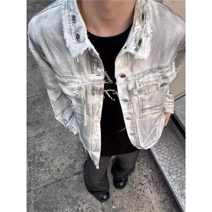 美式高街脏染做旧牛仔夹克男春秋季潮牌嘻哈宽松休闲情侣翻领外套图片