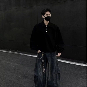 日系复古简约POLO翻领卫衣男女潮牌boxy基础百搭宽松休闲长袖上衣图片