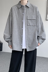 衬衫男春季新款港风宽松大码立体口袋纯棉条纹长袖衬衣CS3099-P42图片