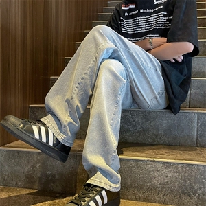 直筒牛仔裤男夏季高街宽松休闲浅色窄版男生复古裤子 NK906图片