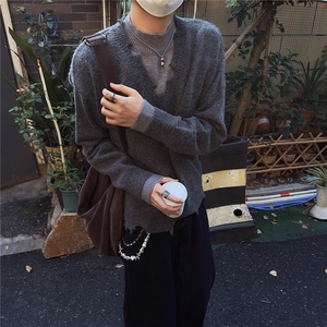 秋冬日系复古简约V领毛衣背心男女学院风宽松叠穿无袖针织衫