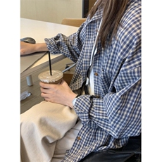 蓝色格子衬衫春夏装叠穿衬衣小众设计感上衣休闲长袖外套C16p38，男装衬衫，电商D315