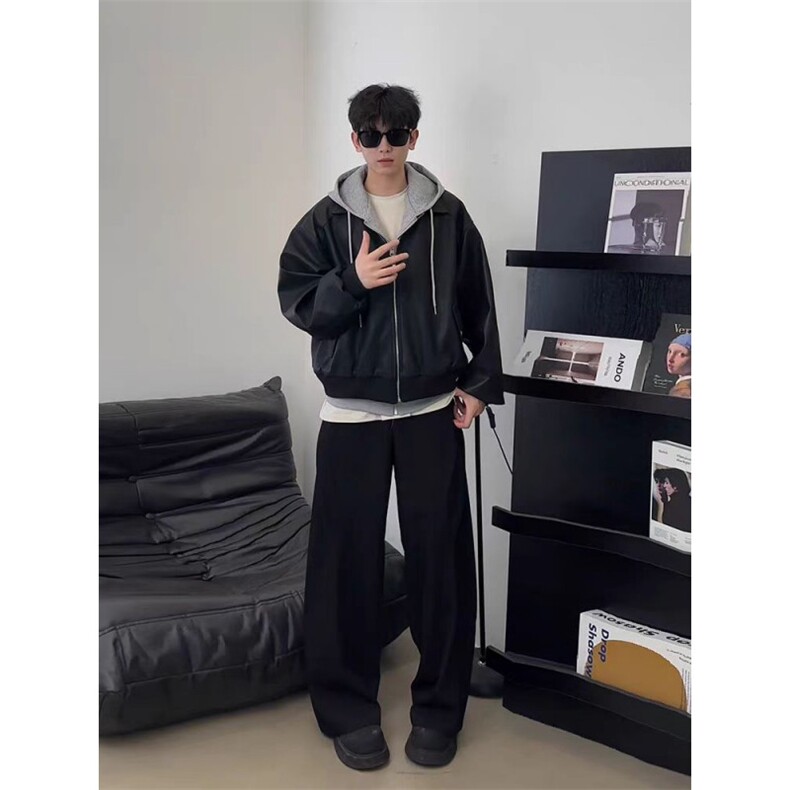 MA620-P98假两件美式连帽皮衣外套机车夹克短款皮衣网图,男装皮衣,星座1611A
