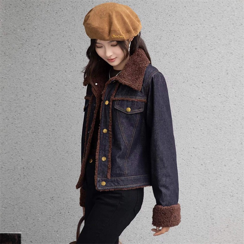 现货复古仿羊羔毛棉衣外套女2024冬新款韩版时髦加绒加厚牛仔棉服，女装牛仔外套，江南女神